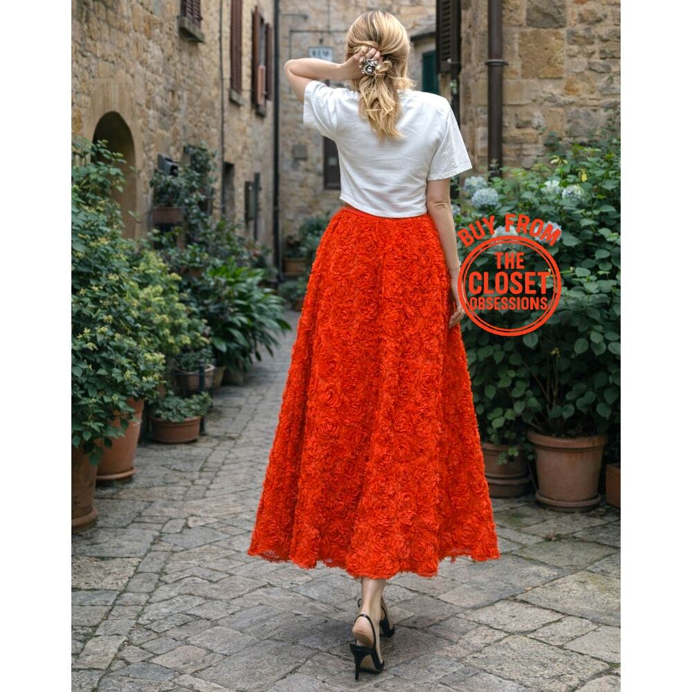 ZARA Floral Voluminous Midi Skirt NWT | Red Textured A-Line - Picture 5 of 16